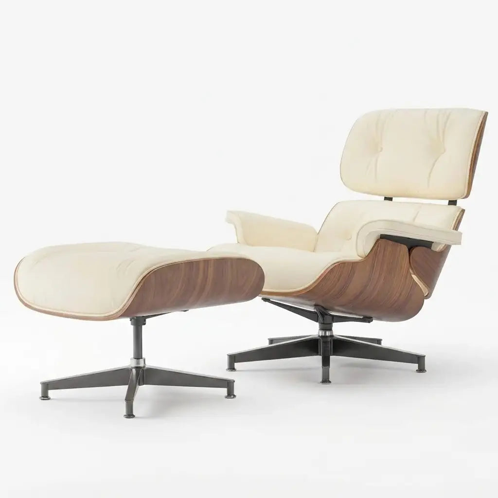 Eames Style Lounge Chair & Ottoman - Ivory White Leather, Walnut Veneer