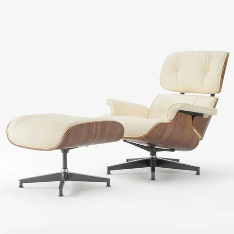 Eames Style Lounge Chair & Ottoman - Ivory White Leather, Walnut Veneer