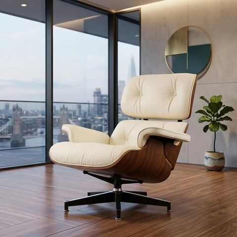 Eames Style Lounge Chair & Ottoman - Ivory White Leather, Walnut Veneer