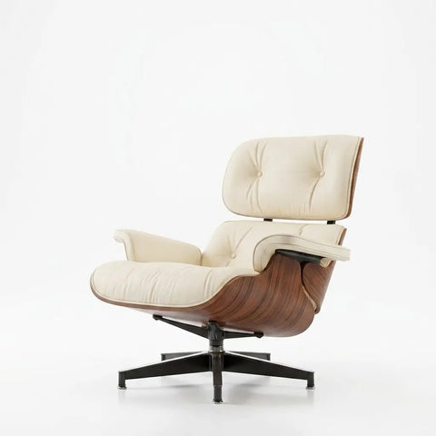 Eames Style Lounge Chair & Ottoman - Ivory White Leather, Walnut Veneer