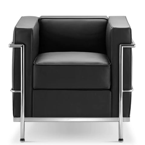 LC2 Style Armchair in Black Leather – 1 Seater Modernist Lounge Chair Inspired Design
