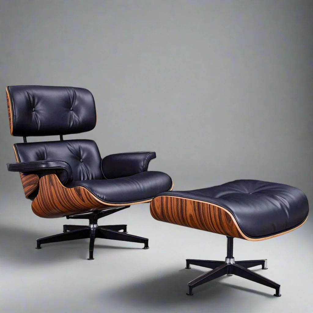 Eames Style XL Version Lounge Chair and Ottoman - Rosewood Black and White leather