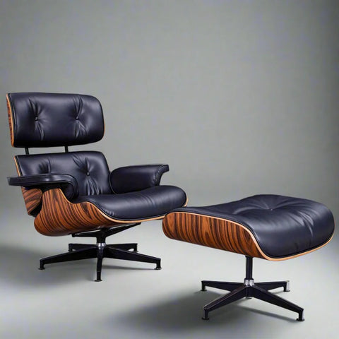 Eames Style XL Version Lounge Chair and Ottoman - Rosewood Black and White leather