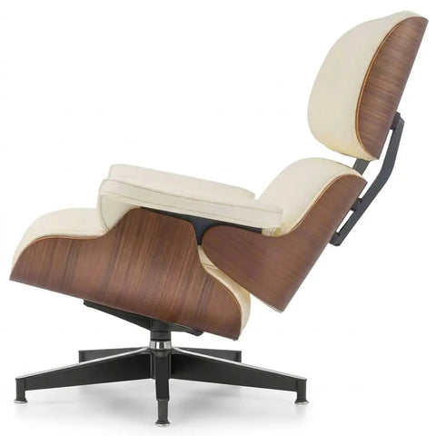 Eames Style Lounge Chair & Ottoman - Ivory White Leather, Walnut Veneer