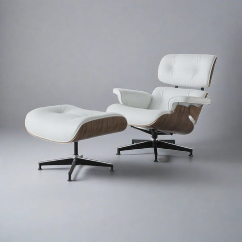 Eames Style XL Version Lounge Chair and Ottoman - Walnut wood Black and White leather