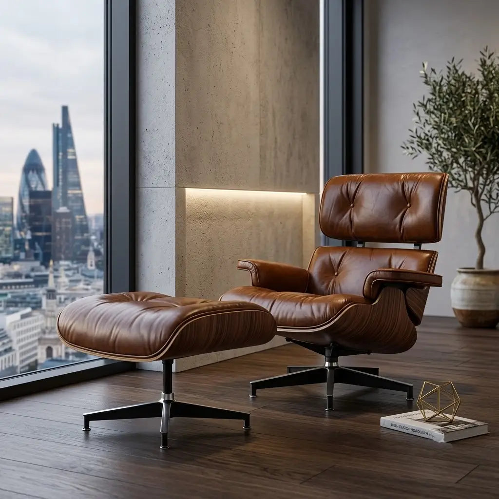 A brown leather lounge chair with matching ottoman in a modern loft-style room with a city skyline view, wood floors, and a potted tree.