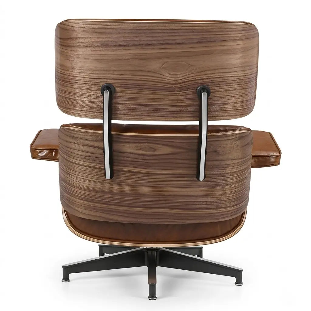 A mid-century modern lounge chair with a dark brown wood grain finish, featuring a high backrest, armrests, and a black five-star base, shown against a plain white background.