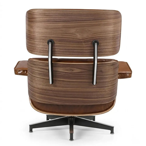 A mid-century modern lounge chair with a dark brown wood grain finish, featuring a high backrest, armrests, and a black five-star base, shown against a plain white background.