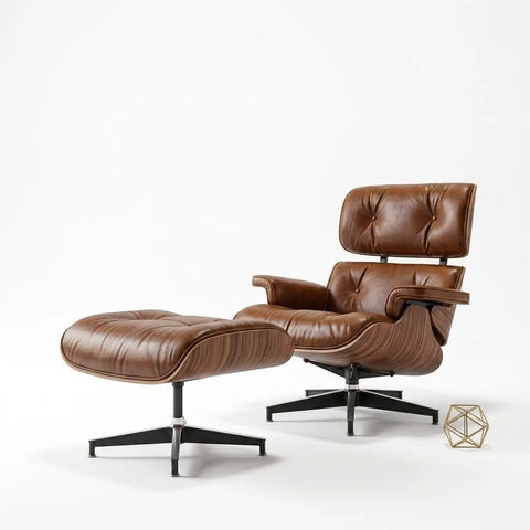 A mid-century modern brown leather lounge chair with an attached matching ottoman, both on black metal star bases, photographed on a clean white studio background.