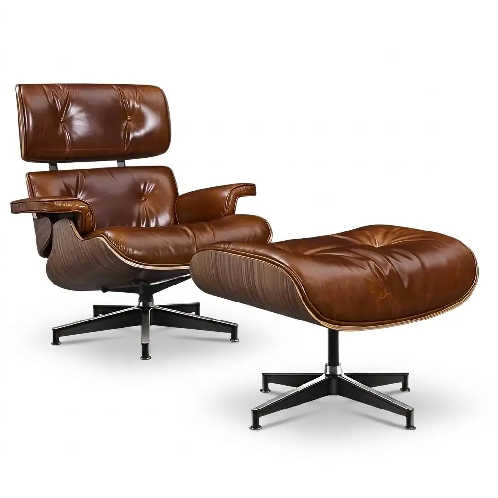A brown leather lounge chair with a matching ottoman on black metal swivel bases, photographed on a clean white background.