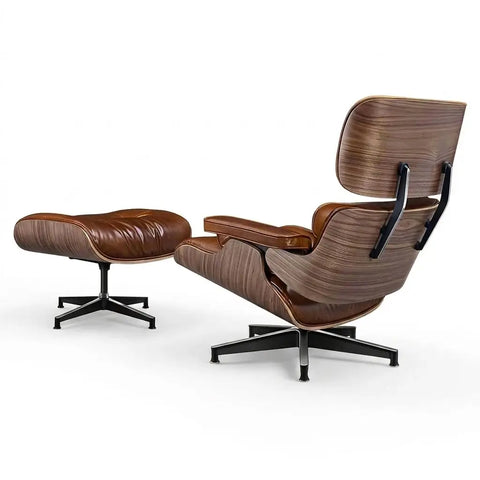 A mid-century modern lounge chair with an adjustable backrest and matching ottoman, both upholstered in brown wood-look material with black metal bases, shown on a white background.