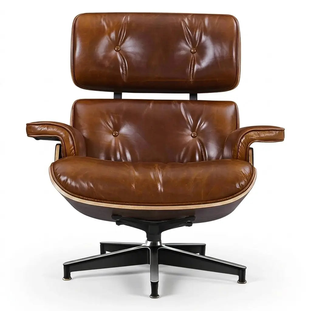 A classic mid-century modern lounge chair with a brown leather tufted seat and backrest, mounted on a black five-star metal base, photographed against a solid white background.