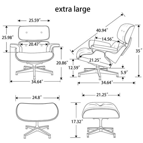 Eames Style XL Version Lounge Chair and Ottoman - Rosewood Black and White leather