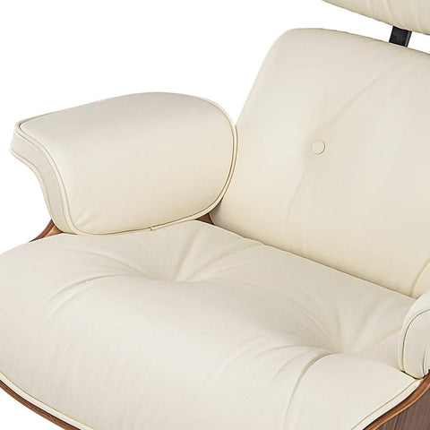 Eames Style Lounge Chair & Ottoman - Ivory White Leather, Walnut Veneer